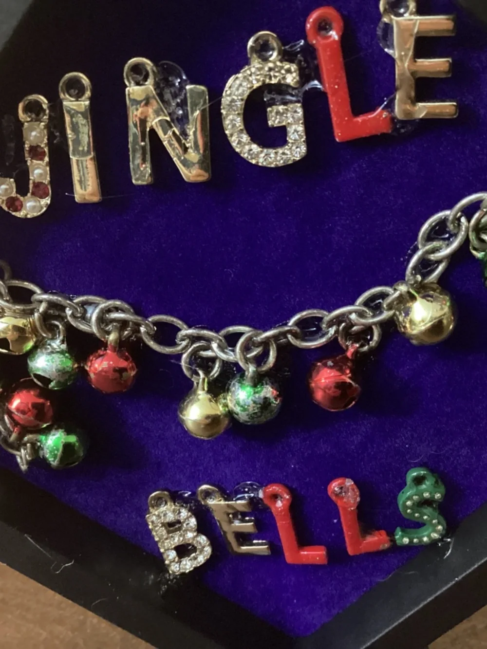 Upcycled jewelry made in art jingle bells Christmas tree charms beads framed